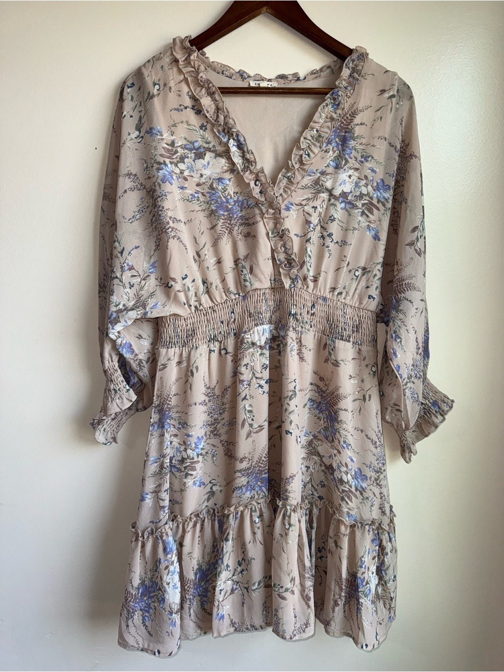 Jodifl Taupe Blue Floral Ruffle Mini Dress Smocked Waist Size Large